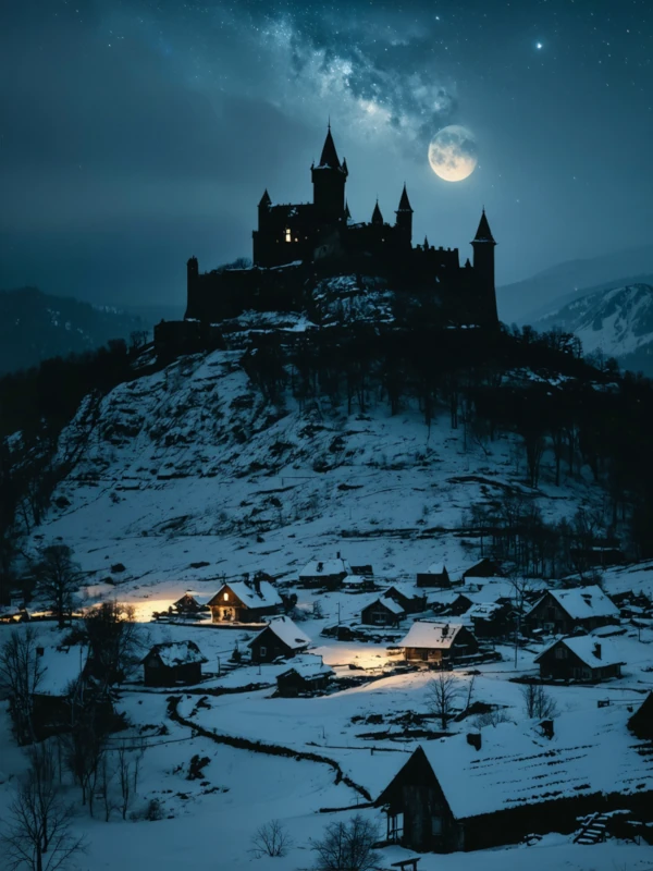 Eine tief verschneite, bergige Landschaft bei Nacht. Der Mond scheint auf ein kleines und scheinbar friedliches Dorf im Tal. Auf einem Berg dahinter dominiert eine alte Burg den Blick. Sie wirkt unheimlich und bedrohlich.