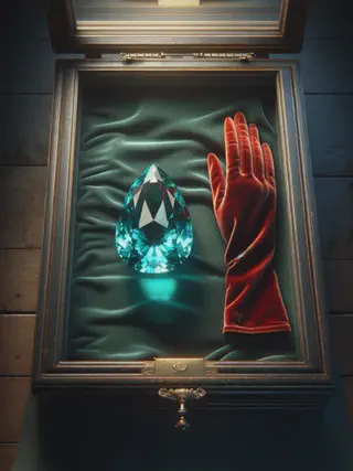 An open display case, containing a large aquamarine and a fox-red right velvet glove.