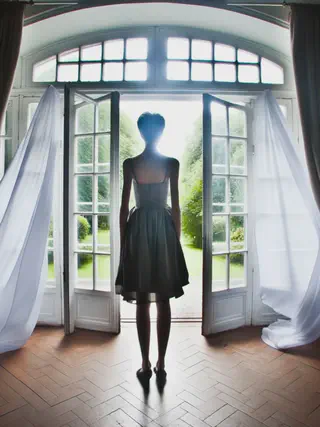 An open terrace door to a garden. The wind blows white curtains. A young woman, barely visible in the backlight, stands at the door and looks out.